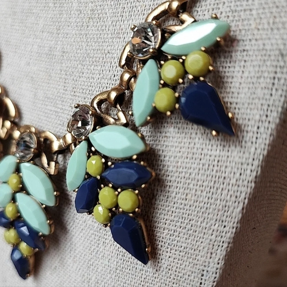 J. Crew Brass Tone Clear Navy Mint Pistachio Stones Statement Necklace Vintage